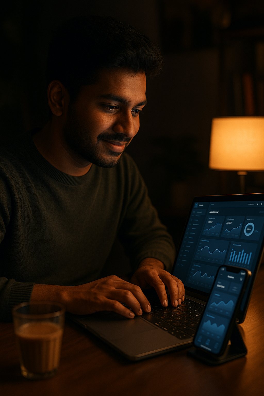 A developer at night building an app — admin dashboard on the laptop, the app running on a phone beside it