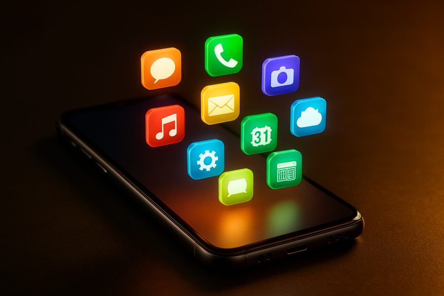 A smartphone with glowing app icons floating above the screen