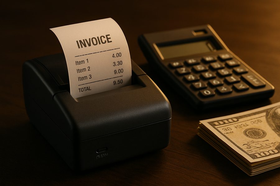 A receipt printer printing an invoice beside a calculator