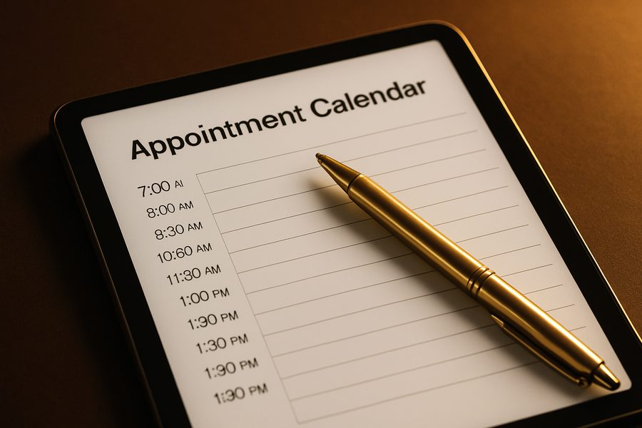 A tablet showing an appointment calendar with a gold pen