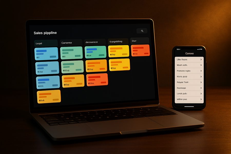 A laptop showing a sales pipeline board with a phone beside it