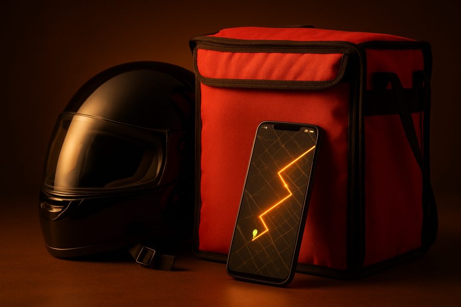 A delivery rider's helmet and food bag with a phone showing a route