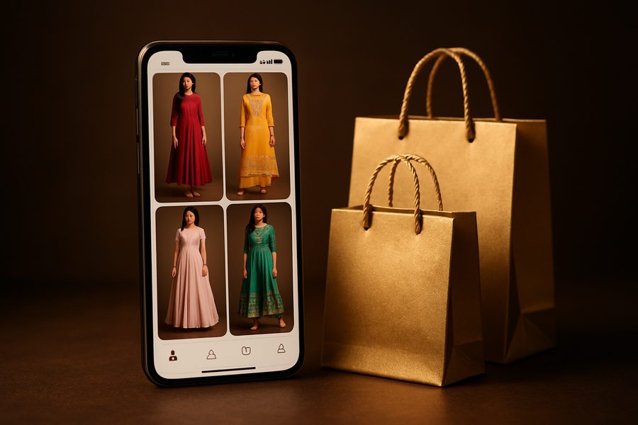 A phone showing a boutique shopping app beside gold-lit shopping bags