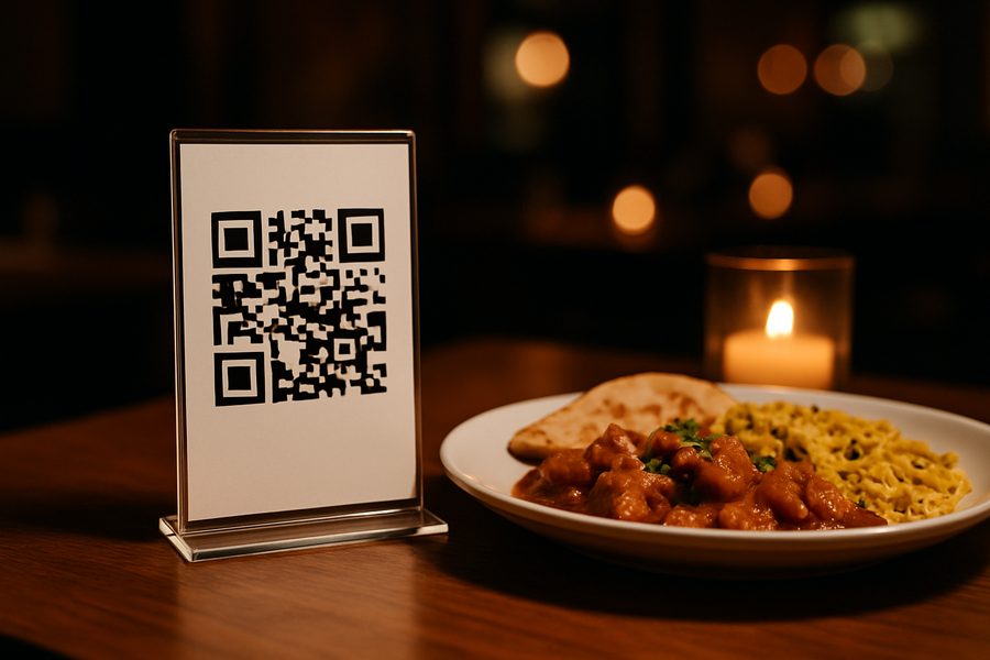 A QR code standee on a restaurant table beside a plate of food