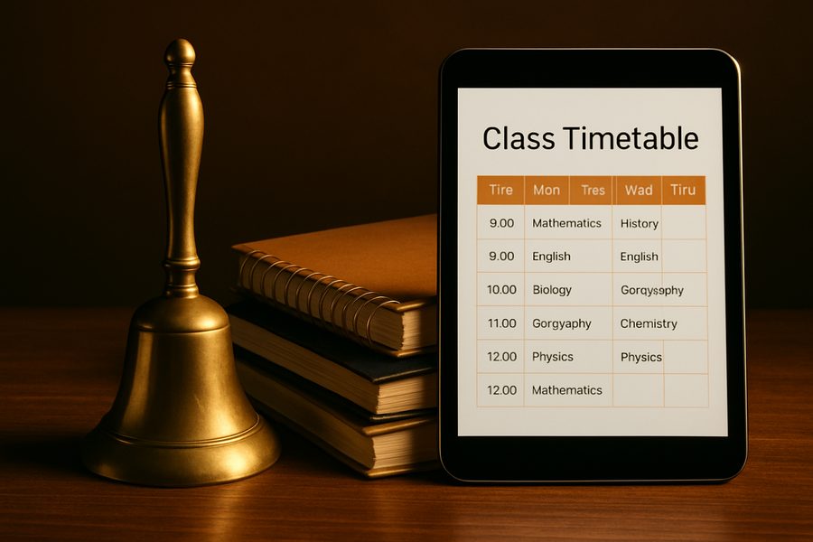 A school bell, notebooks and a tablet showing a timetable