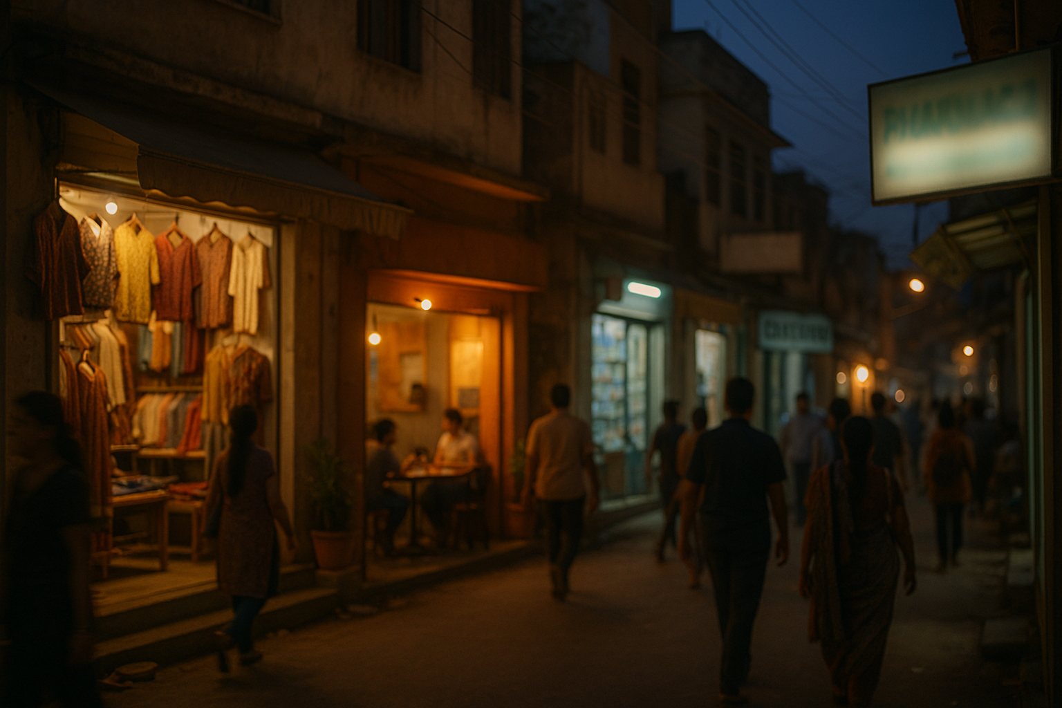 An Indian market street at dusk — boutique, cafe, pharmacy and coaching centre, people walking past