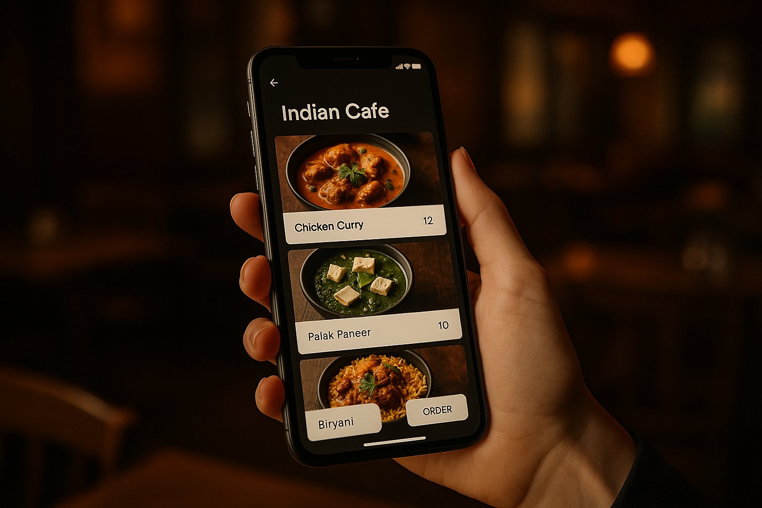 A hand holding a phone running a cafe's food-ordering app, warm cafe lights behind