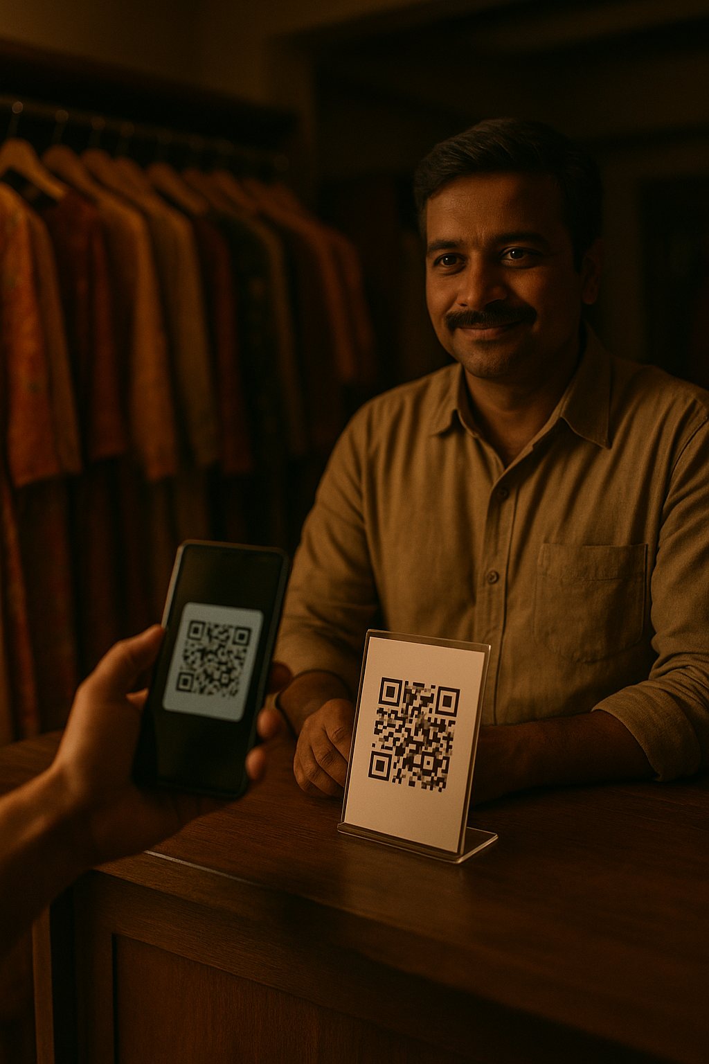A customer scanning a boutique's UPI QR code with their phone to pay, the shop owner behind the counter