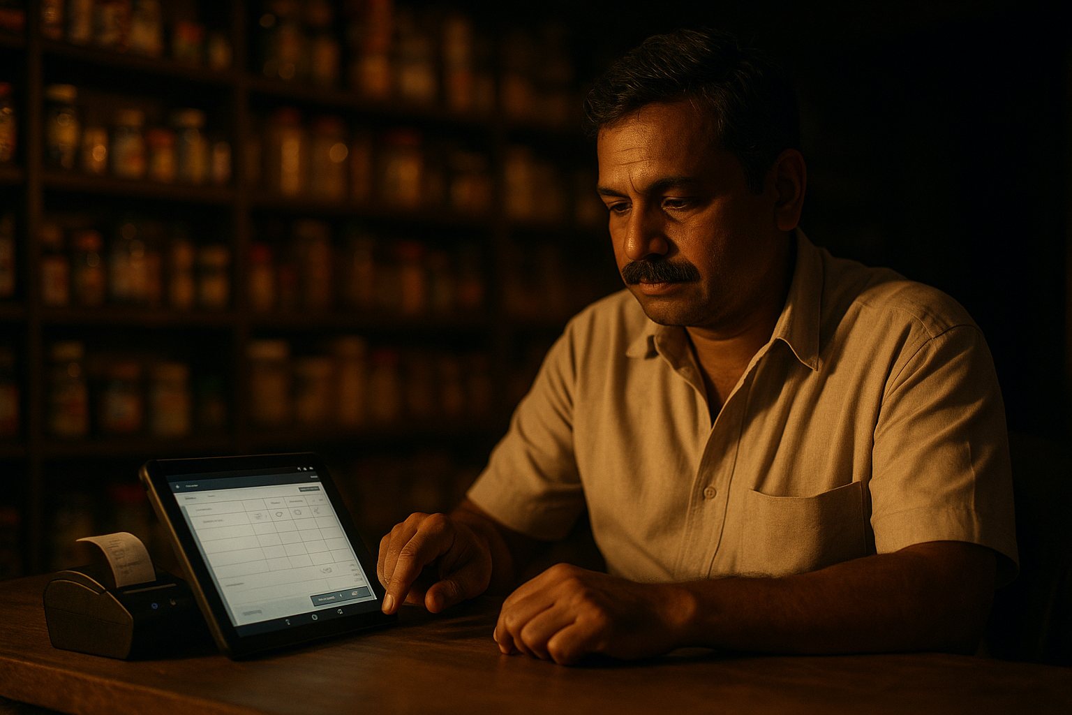A shop owner billing a customer on a tablet, receipt printer printing beside it