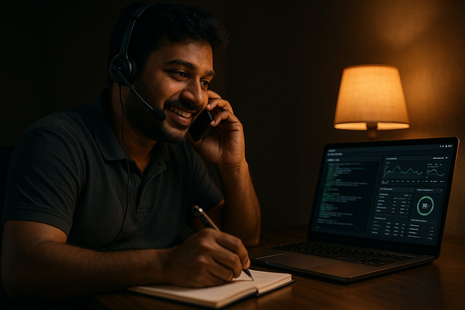 A support engineer with a headset resolving an issue on a night call, terminal open on the laptop