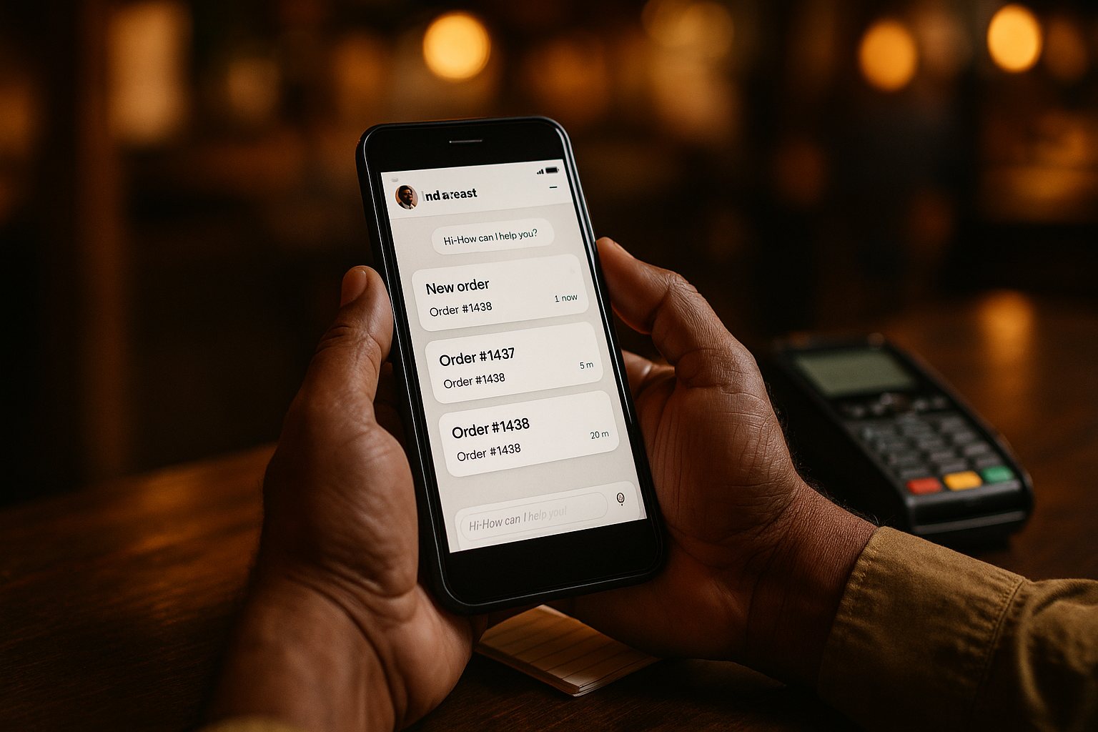 A restaurant owner checking order notifications in a business chat app at the counter