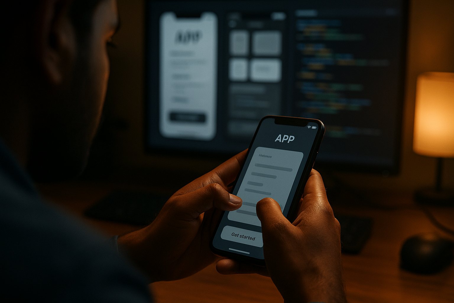 A developer testing a mobile app on a smartphone, app screens on the monitor behind