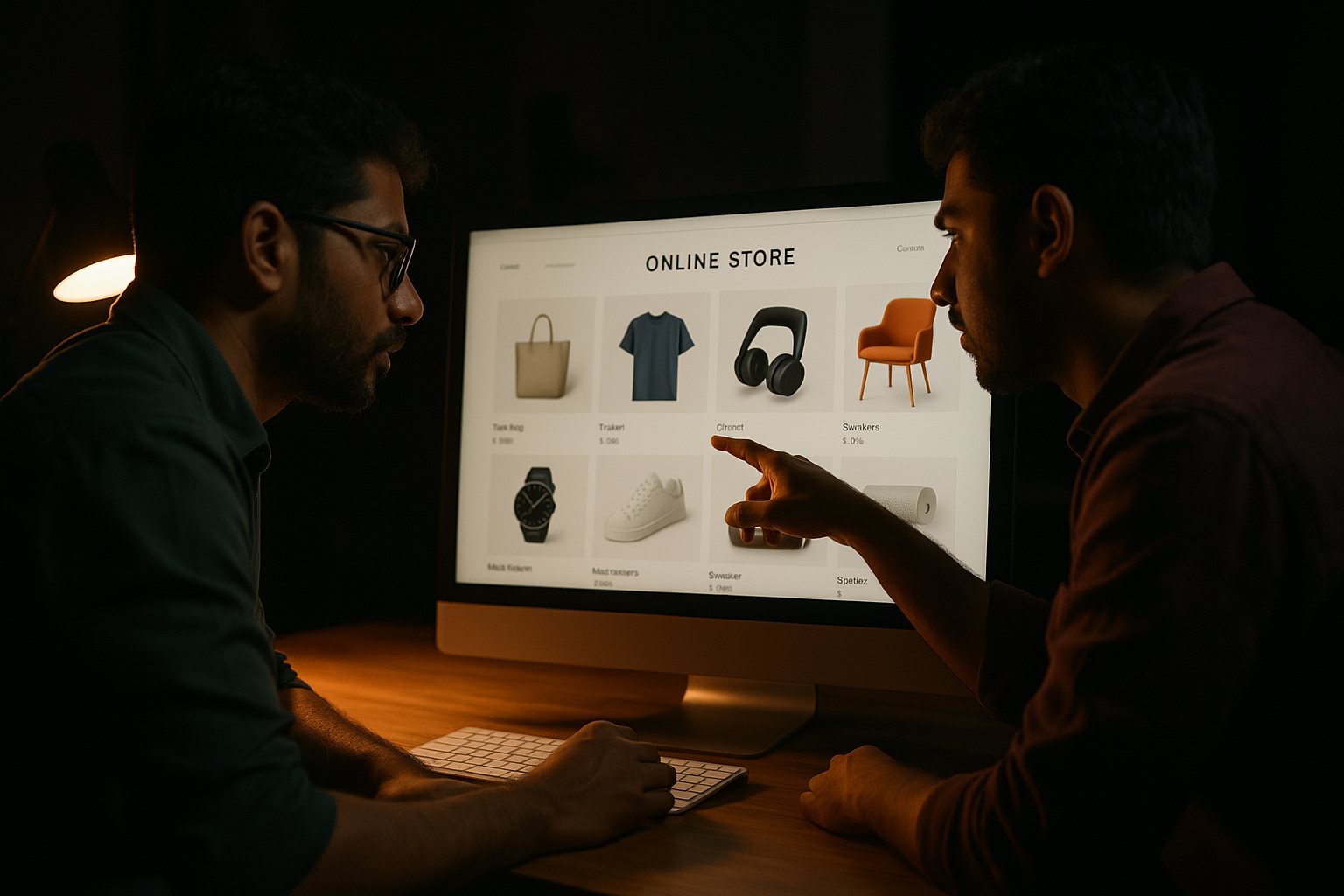 Two designers reviewing an e-commerce website layout on a large monitor