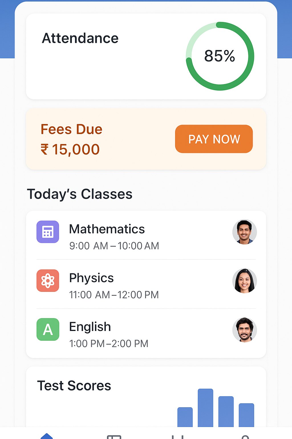 Coaching institute mobile app — attendance ring, fees due card, timetable