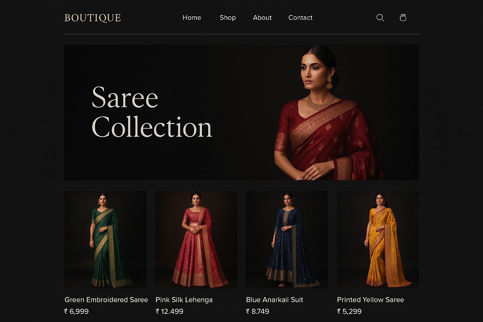 E-commerce website for an ethnic-wear boutique — dark gold theme, saree collection banner, product grid with prices